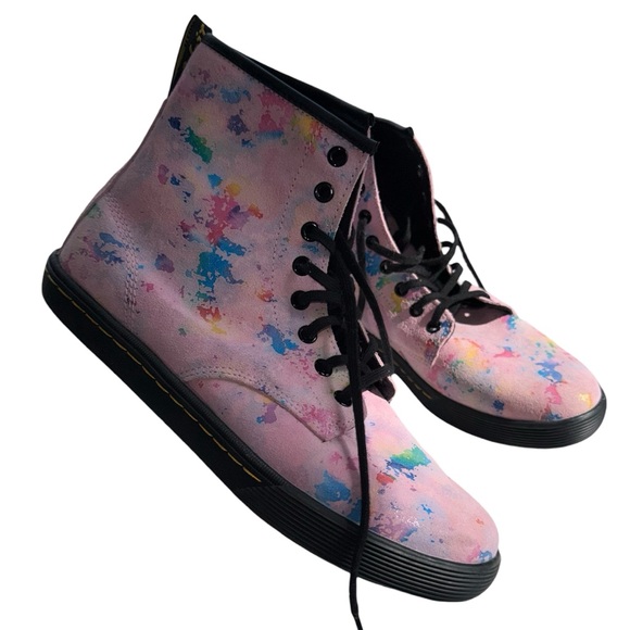 DR MARTENS Sheridan Pink Confetti Suede Lace-Up Boots Rainbow Burst - Picture 2 of 7